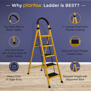 Plantex Premium GI Steel Foldable 5-Step Ladder for Home - Wide Anti Slip 5 Step Ladder (Yellow & Black)-refurbished