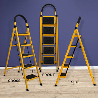 Plantex Premium GI Steel Foldable 5-Step Ladder for Home - Wide Anti Slip 5 Step Ladder (Yellow & Black)-refurbished