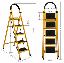 Plantex Premium GI Steel Foldable 5-Step Ladder for Home - Wide Anti Slip 5 Step Ladder (Yellow & Black)-refurbished