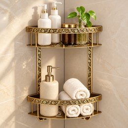 Plantex Aluminium Corner Shelf for Bathroom Wall/2 Tier Side Corner Shelf/Bathroom Corner Shelf with Hooks/Premium Bathroom Organizer (Brass-Antique Finish)