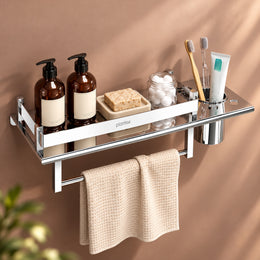 Plantex Stainless Steel Bathroom Shelf/Multipurpose Bathroom Shelf for Wall/Attached Tumbler and Napkin Holder for WashBasin(15 Inches)