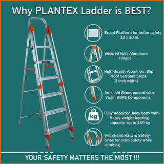 Plantex Secura 6 Step Aluminium Ladder - Ideal for Home Use