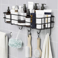 Plantex GI Steel Self-Adhesive Multipurpose Bathroom Shelf with Hooks/Towel Holder/Rack/Bathroom Accessories - Wall Mount (Powder Coated,Black)