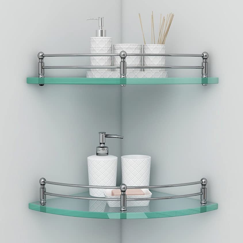 Plantex Premium Transparent Glass Corner Shelf for Bathroom/Wall Shelf/Storage Shelf (12 x 12 Inches - Pack of 2)