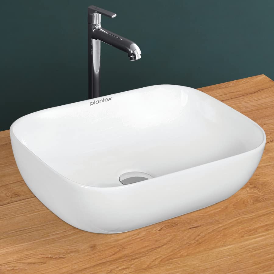 Plantex Platinium Ceramic Tabletop Rectangular Wash Basin/Countertop Bathroom Sink (White, 18 x 13 x 5 Inch)