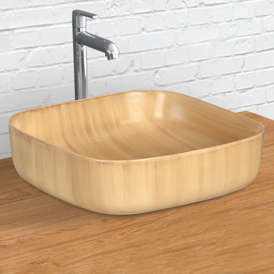 Plantex Premium Tabletop Ceramic Square Wash Basin/Countertop Bathroom Sink (Woody, 16 x 16 x 5 Inch)
