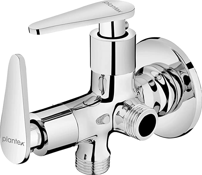 Plantex LEA-708 Pure Brass 2-Way Angle Cock for Bathroom Tap/Quarter Turn Tap with Brass Wall Flange and Teflon Tape (Mirror-Chrome Finish)