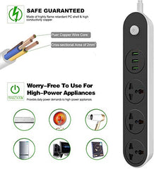 Plantex ABS Power Strip with 3 Socket and 3 USB Ports Universal Spike Guard with Extension Board, Black and Grey