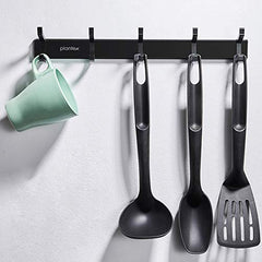Plantex Aluminum Hook Rail with Movable Hooks for Walls of Kitchen/Bathroom/Hook Rail Bar for Clothes/Towel/Keys (5 Hooks) Black