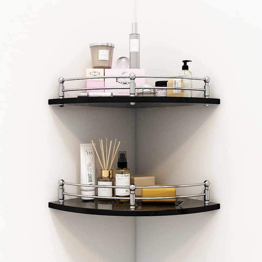 Plantex Bathroom Shelf/Bathroom Corner Organizer Shelf/Black Glass Corner Shelf for Living Room (9x9 Inches - Pack of 2)