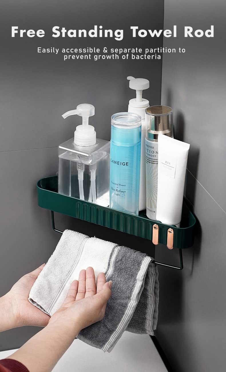Primax Bathroom Accessories-Bathroom Corner/Shelf/Self-Adhesive Wall-Mount Shelf with Towel Hanger/Bathroom Organizer - Green (Pack of 2)
