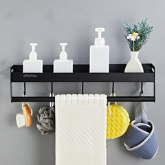 Plantex Aluminium Multipurpose Bathroom Shelf with Towel Rod and Movable Hooks/Rack Shelf for Bathroom Accessories - Wall Mount (Black)