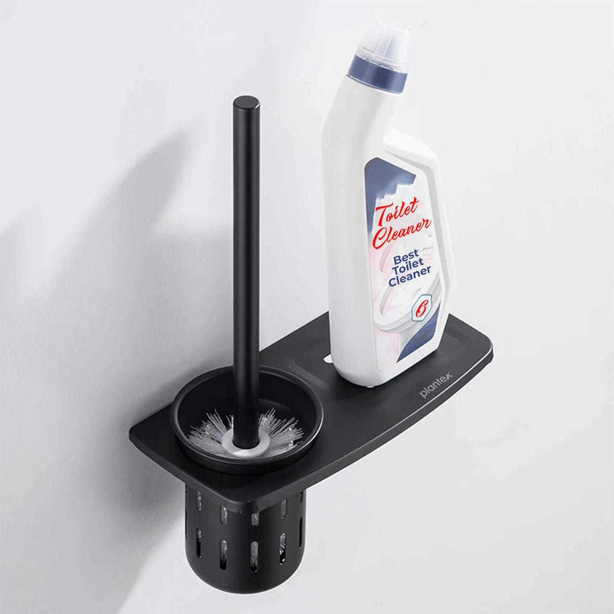 Plantex Wall Mount Aluminum 2in1 Toilet Brush Holder with Bathroom Shelf (Black)