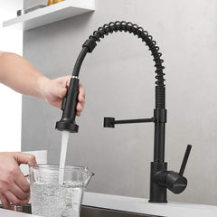 Plantex Designer Brass Single Handle High Arc Spring Pull Out Kitchen Sink Faucet/Hot & Cold Water Mixer Tap with Pull Down Sprayer Multitask Mode- Matte Black