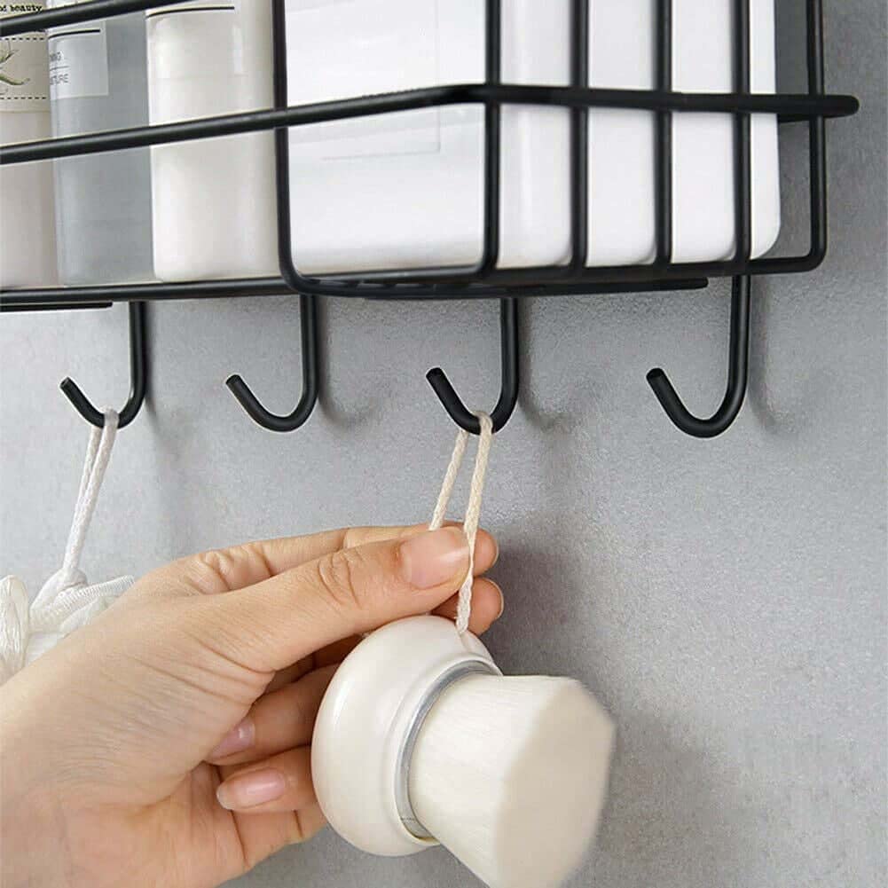 Plantex GI Steel Self-Adhesive Multipurpose Bathroom Shelf with Hooks/Towel Holder/Rack/Bathroom Accessories - Wall Mount (Powder Coated,Black)
