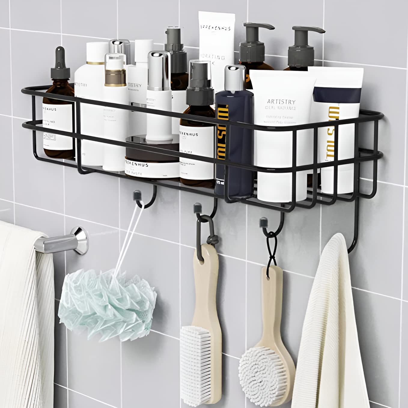 Plantex GI Steel Self-Adhesive Multipurpose Bathroom Shelf with Hooks/Towel Holder/Rack/Bathroom Accessories-Wall Mount - Pack of 1 (Black,Powder Coated)
