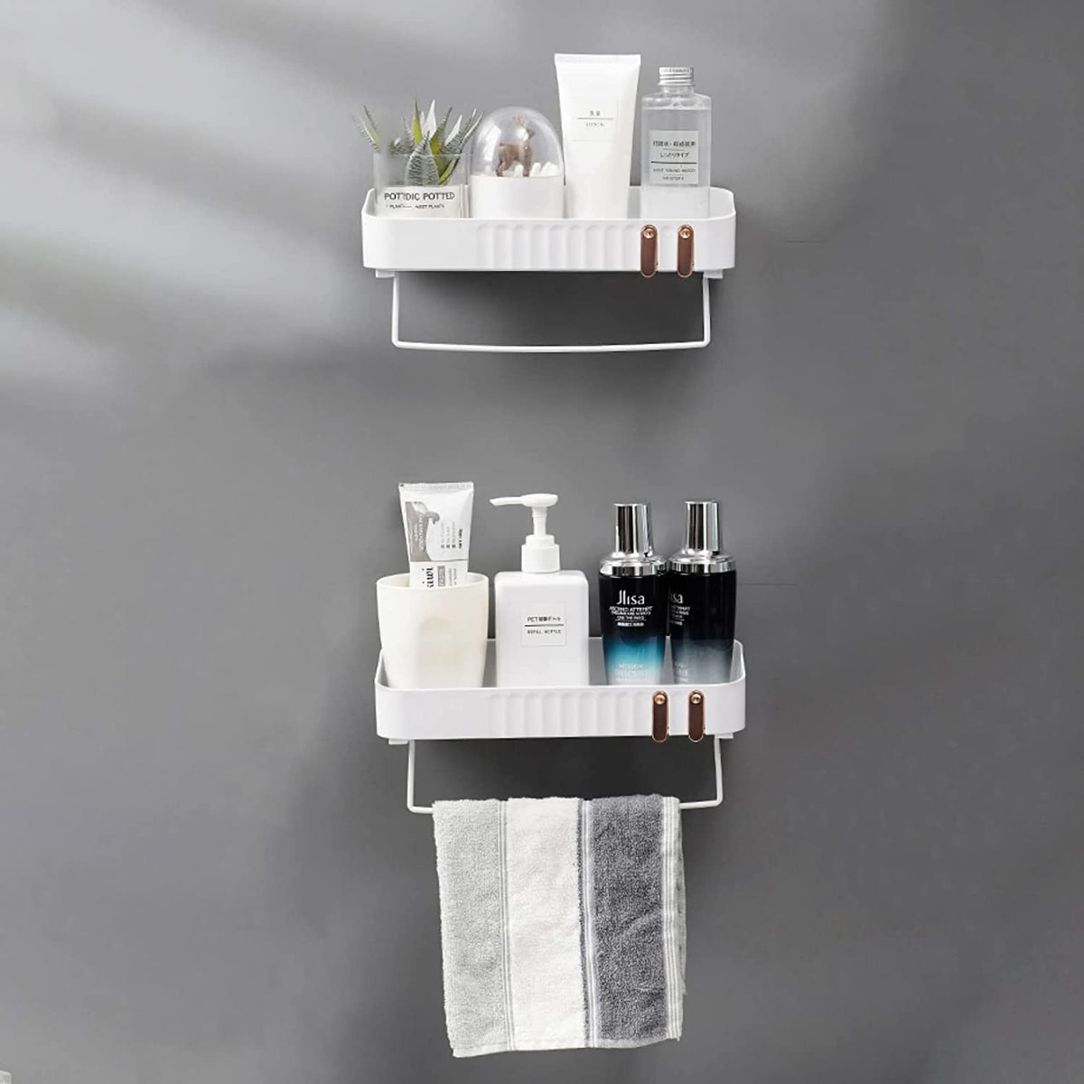 Primax Bathroom Accessories-Bathroom Shelf/Multipurpose Self-Adhesive Wall-Mount Shelf with Towel Hanger/Bathroom Organizer - White (Pack of 2)
