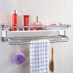 Plantex Stainless Steel Multipurpose 2-Tier Bathroom Shelf with Towel Rod/Storage Rack/Towel Rod/Bathroom Accessories (Chrome)