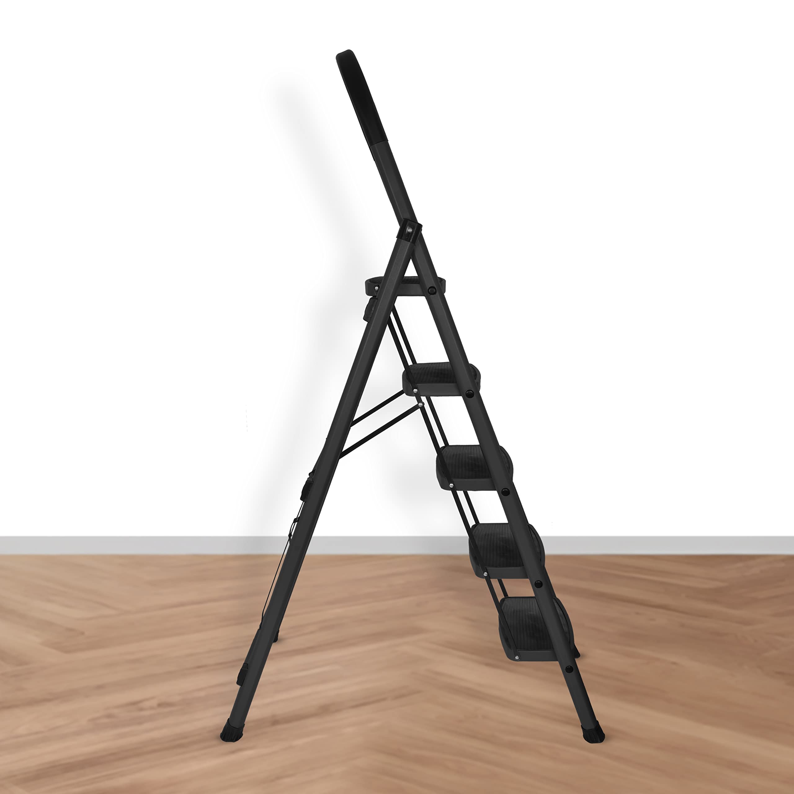 Primax Steel Foldable 5-Step Ladder for Home - Wide Anti Skid Step Ladder (Black)
