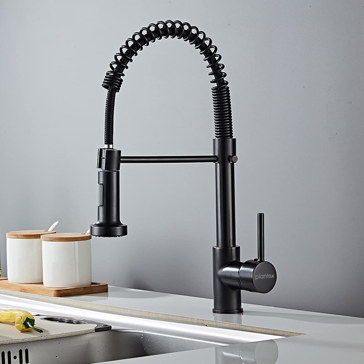 Plantex Designer Brass Single Handle High Arc Spring Pull Out Kitchen Sink Faucet/Hot & Cold Water Mixer Tap with Pull Down Sprayer Multitask Mode- Matte Black