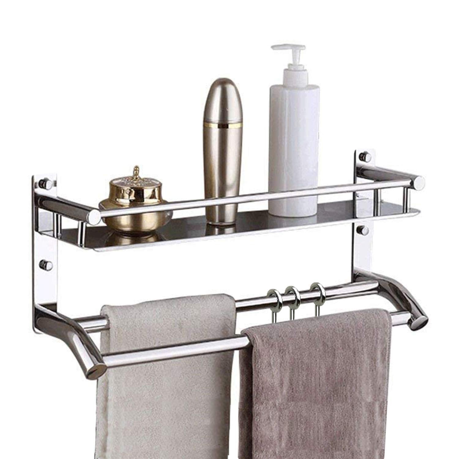 Plantex Stainless Steel Bathroom Shelf/Rack with Towel Holder/Towel Hooks/Bathroom Accessories Wall-Mount (Chrome Finish) (2-Tier)