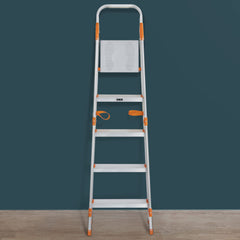 Plantex Secura Ladder for Home-Aluminium Foldable 5 Step Ladder with Safe Hand Rail (Orange-Silver)