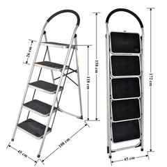 Plantex Heavy Steel Folding 5 Step Ladder for Home - 5 Wide Anti Skid Steps (Black & Silver)