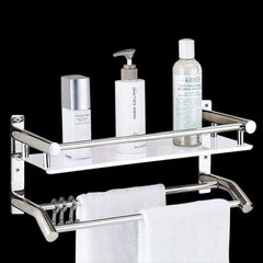 Plantex Stainless Steel Bathroom Shelf/Rack with Towel Holder/Towel Hooks/Bathroom Accessories Wall-Mount (Chrome Finish) (2-Tier)
