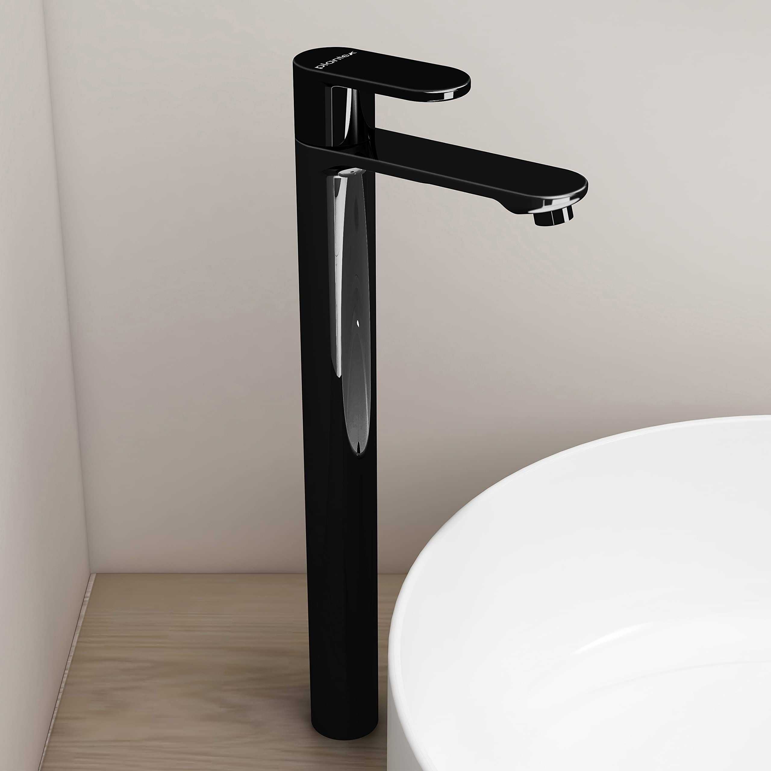 Plantex Pure Brass ORN-204 Single Lever High Neck Pillar Cocktail Tap for Wash Basin/Kitchen Sink Faucet with Teflon Tape (Black Glossy Finish)
