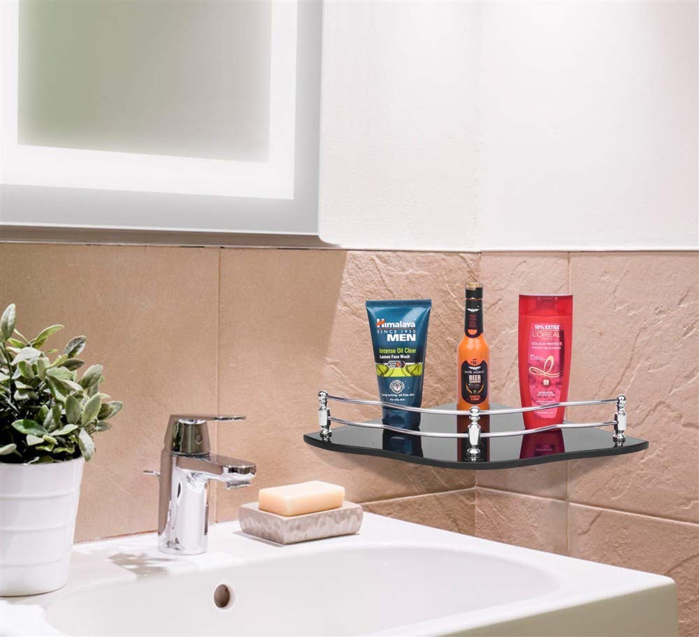 Plantex Premium Flower Black Glass Corner Shelf for Bathroom/Kitchen Shelf/Bathroom Accessories (9x9 Inches) - Pack of 3