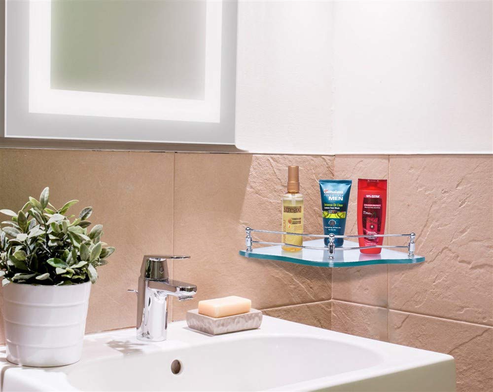 Plantex Premium Flower Glass Corner Shelf for Bathroom&Kitchen Shelf (Transparent, 9x9 Inches) - Pack of 2