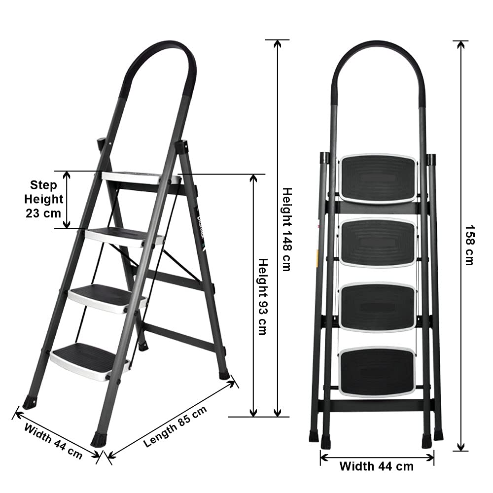 Plantex High Grade Heavy Steel Folding 4 Step Alloy Steel Ladder for Home - 4 Wide Anti Skid Steps (Gray & White)