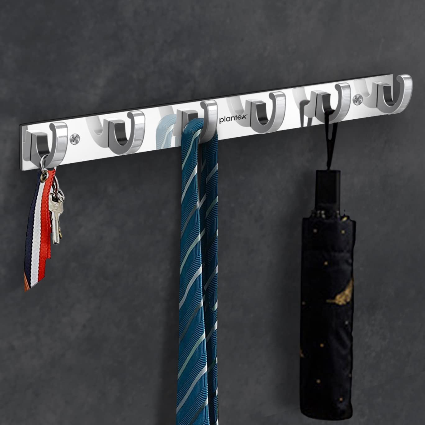 Plantex Aluminum Hook Rail with 6 Hooks for Walls of Bathroom/Kitchen–Hook Rail Bar for Clothes/Towel/Keys-Pack of 2 (6 Hooks,Chrome)
