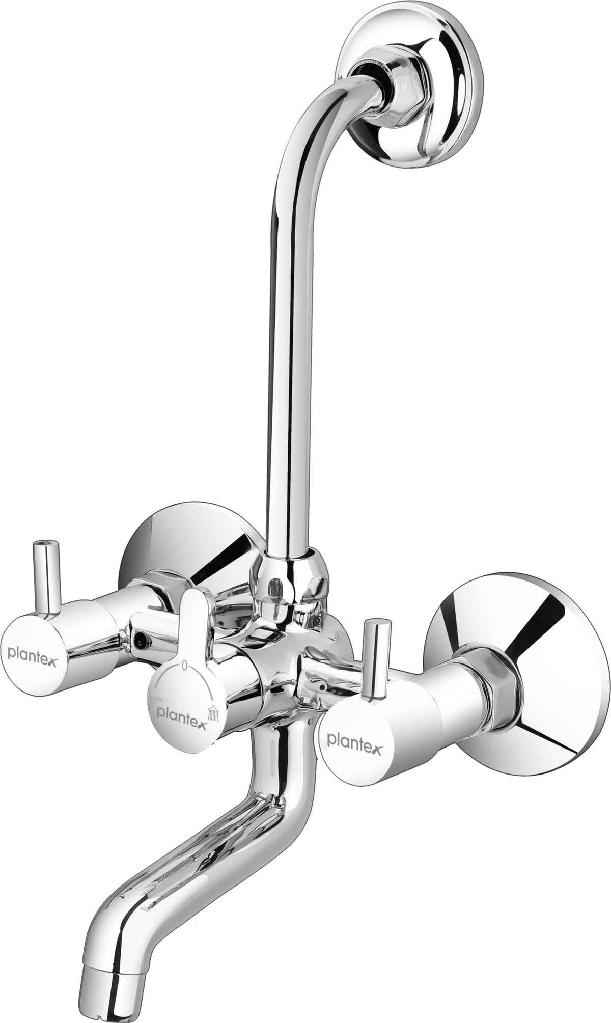 Plantex ICO-918, Pure Brass Telephonic Wall Mixer with Bend for Arrangement of Overhead Shower/2-In-1 Wall Mixer for Bathroom with Brass Wall Flange & Teflon Tape - Wall Mount (Mirror-Chrome Finish)