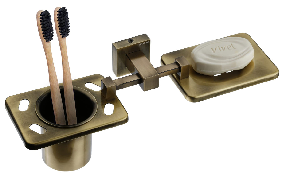 Plantex 304 Grade Stainless Steel 2in1 Soap Dish with Tooth Brush Holder/Soap Stand/Tumbler Holder/Bathroom Accessories - Wall Mount (Brass Antique)