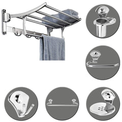 Plantex Stainless Steel Folding Towel Rack with Royal Bathroom Accessories Set of 5pcs (Towel Rod/Napkin Ring/Tumbler Holder/Soap Dish/Robe Hook)