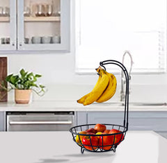 Plantex Heavy Steel Fruit & Vegetable Basket Bowl with Removable Banana Hanger for Dining Table/Kitchen - Countertop (Black)
