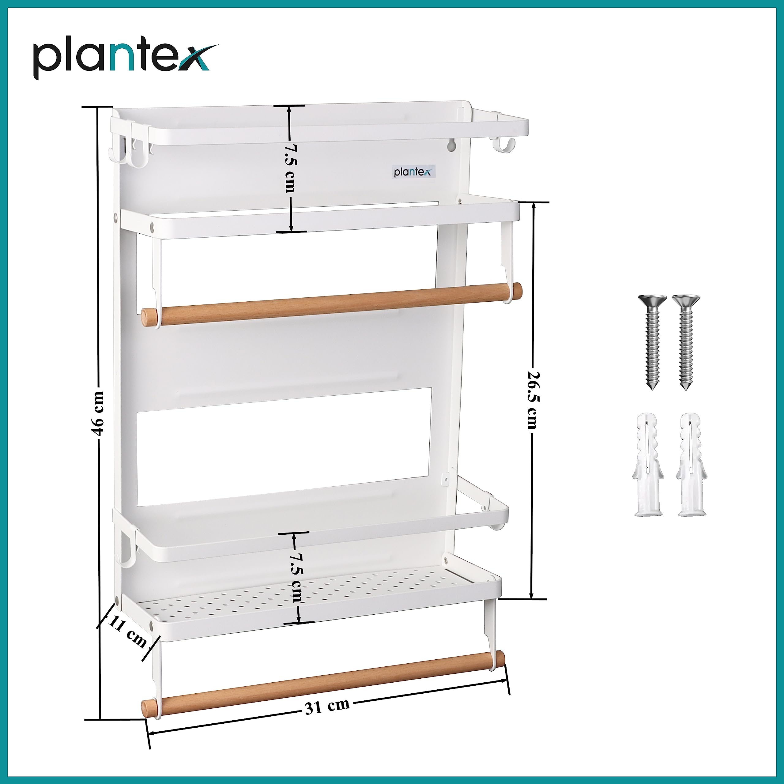 Plantex GI Steel Magnetic Folding Multi-Purpose Shelf for Home/Storage Rack with 2 Movable Hooks and Towel Holder for Bathroom/Bathroom Accessories - Pack of 1 Big-White