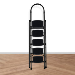 Primax Steel Foldable 5-Step Ladder for Home - Wide Anti Skid Step Ladder (Black)