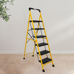 Primax Heavy-Duty GI-Steel Ladder Safety-Clutch Lock and Tool Tray/Step Ladder for Home - 6 Step (Squaro-Black&Yellow)