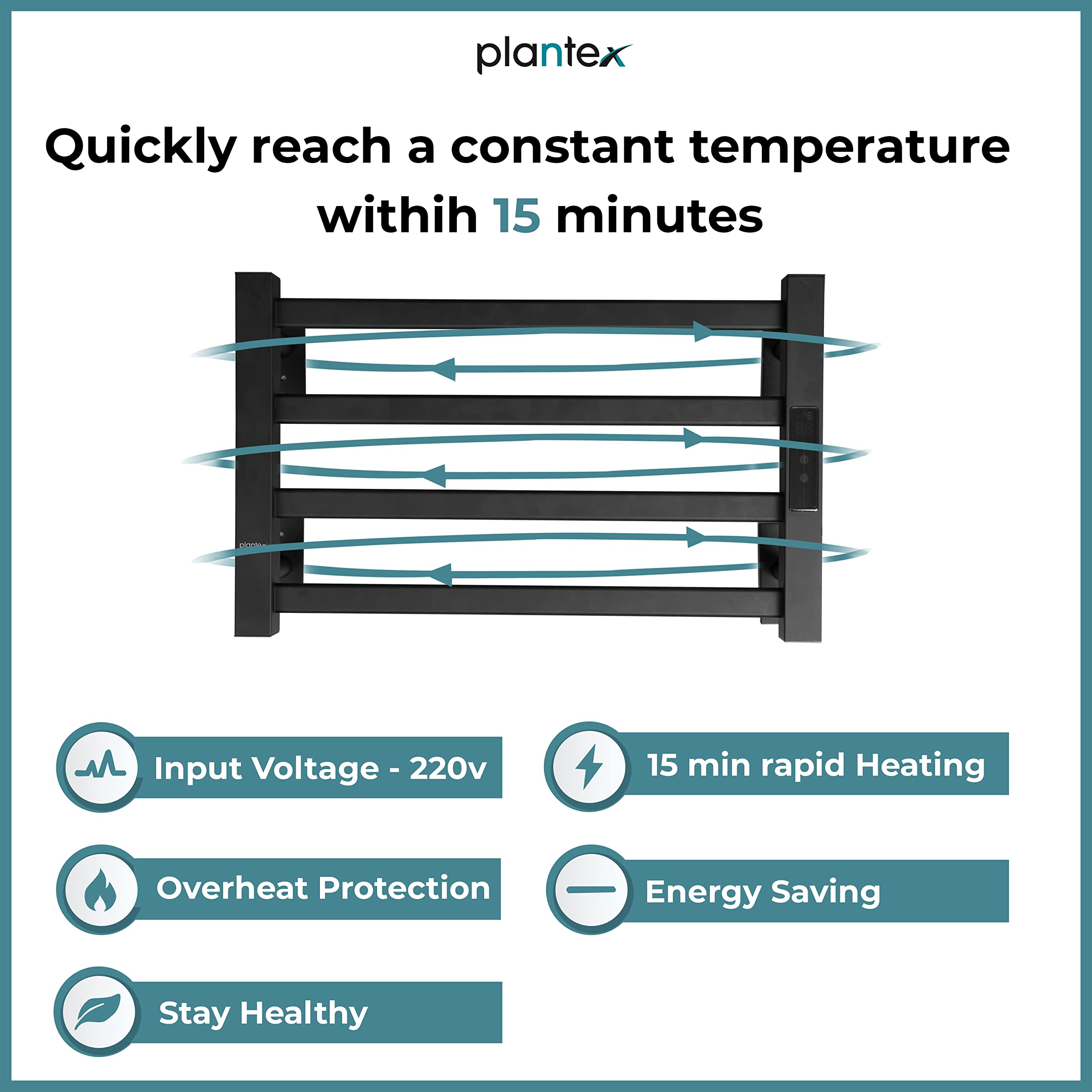 Plantex Aluminium Shock-Free Heating Towel Rack/Towel Warmer Machine for Bathroom (983 Rich-Black)