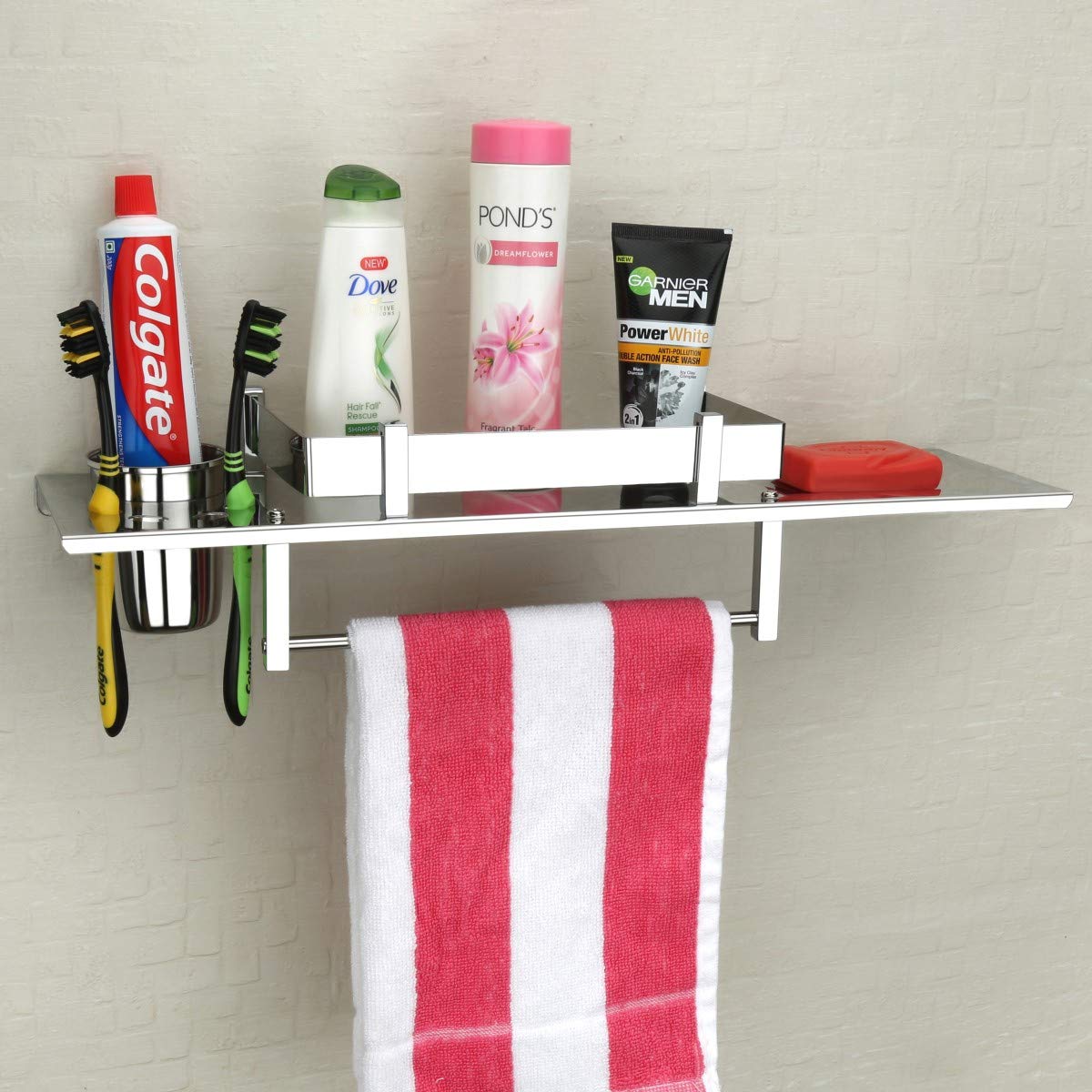 Plantex Stainless Steel 4in1 Multipurpose Bathroom Shelf/Rack/Towel Hanger/Tumbler Holder/Soap Dish/Bathroom Accessories (18 x 5 Inches) - Pack of 1