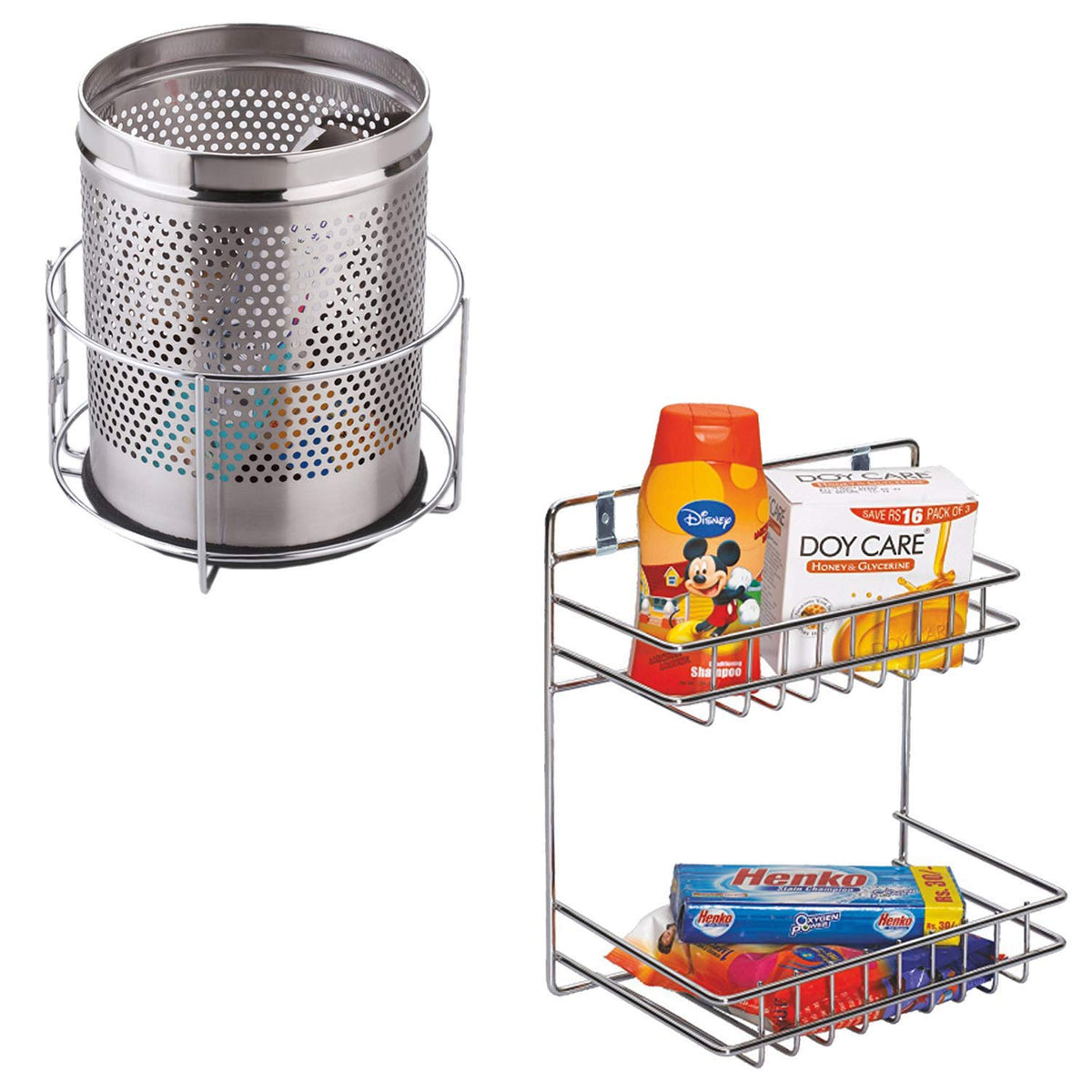 Planet Stainless Steel Detergent Holder and Bin Holder/Dustbin Holder (Chrome-Wall Mount)