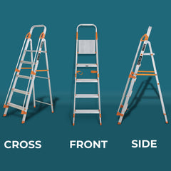 Plantex Secura Ladder for Home-Aluminium Foldable 5 Step Ladder with Safe Hand Rail (Orange-Silver)