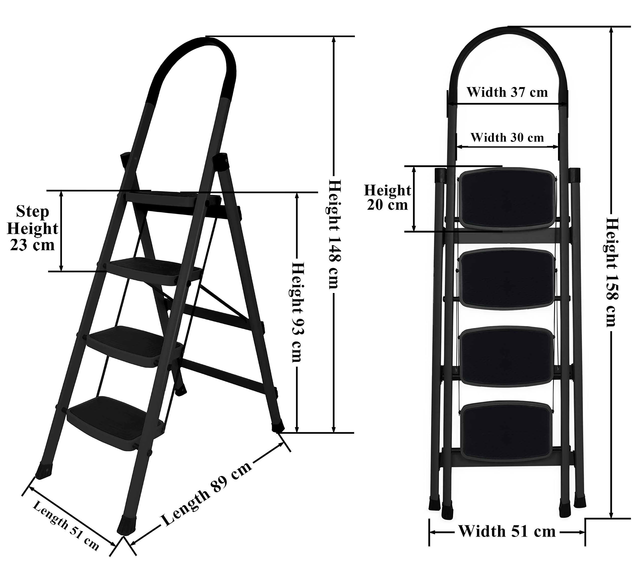Primax Steel Foldable 4-Step Ladder for Home - Wide Anti Skid Step Ladder (Black)
