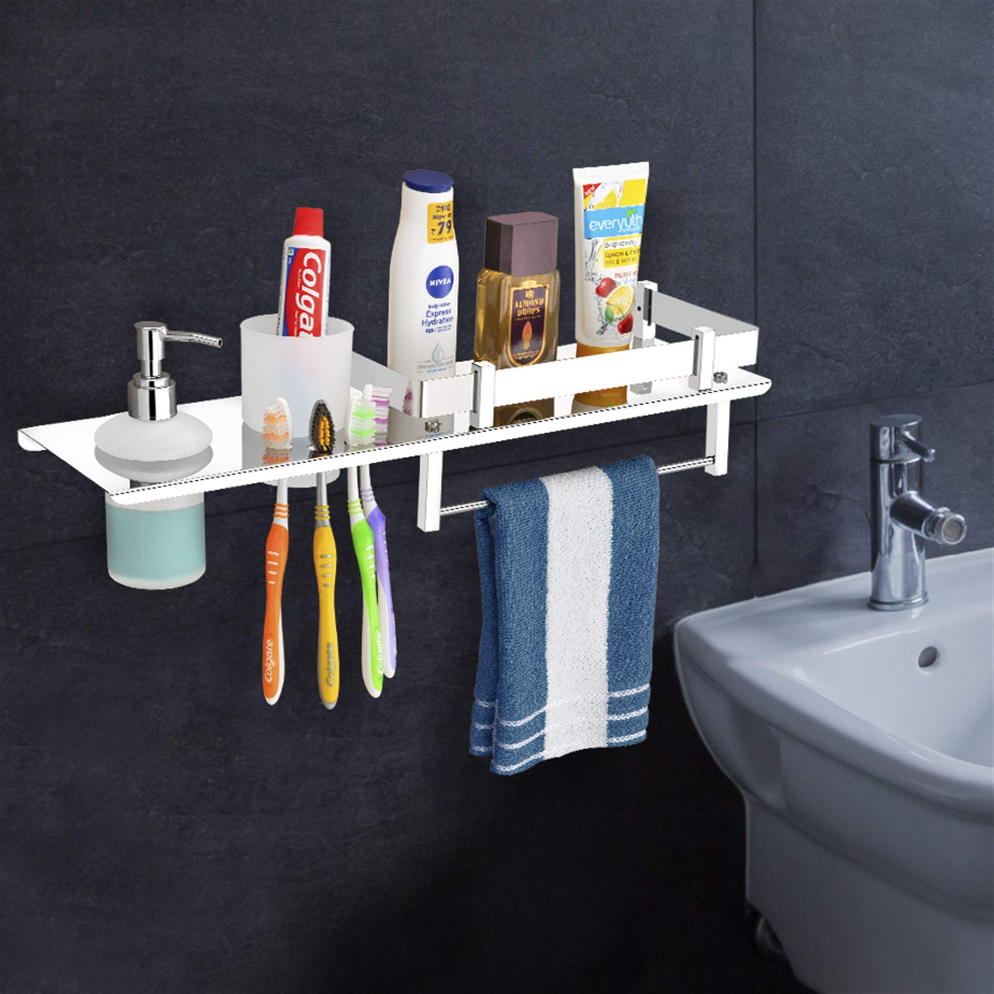Plantex Stainless Steel 4in1 Multipurpose Bathroom Shelf/Bathroom Steel Rack with Tumbler Holder, Towel Rod and Liquid Soap Dispenser Chrome (18x5 inches)