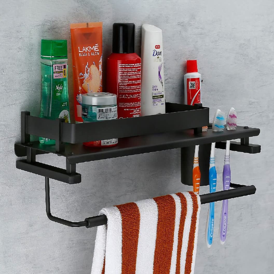 Plantex Stainless Steel Deluxe 3in1 Multipurpose Bathroom Shelf/Rack/Towel Hanger/Tumbler Holder/Bathroom Accessories - Wall Mount (15 x 6 Inches-Chrome)
