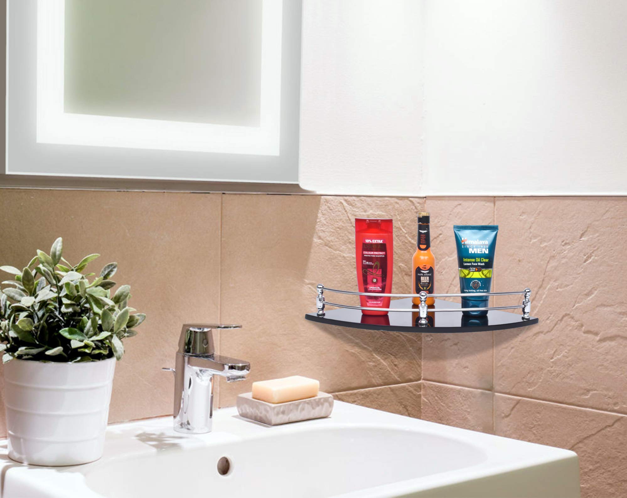 Plantex Premium Black Glass Corner Shelf for Bathroom/Wall Shelf/Storage Shelf (9 x 9 Inches - Pack of 3)