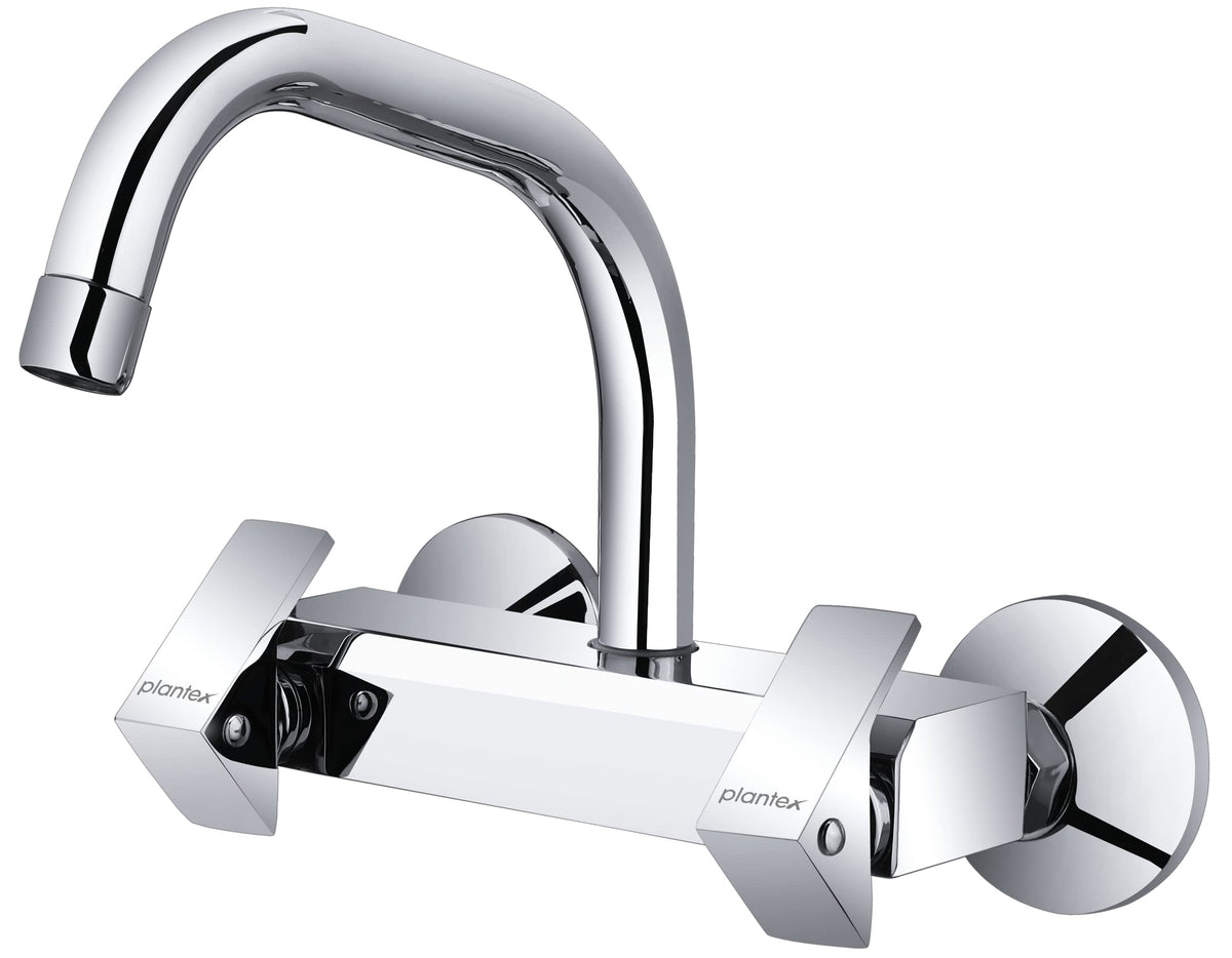 Plantex Pure Brass PRI-315 Kitchen Sink Mixer (High Arch 360 Degree) / Double Handle Hot & Cold Water Tap for Bathroom with Brass Wall Flange & Teflon Tape (Mirror-Chrome Finish)
