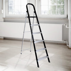 Plantex 6 Step Aluminium Folding Step Ladder with Wide Step for Home Use/Step Ladder-6 Step (Black-Silver)